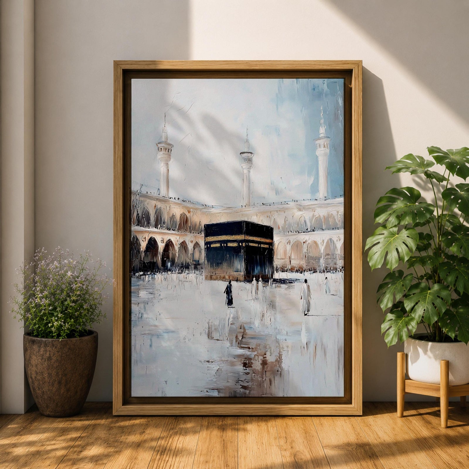 Soft neutral abstract painting of the Kaaba in Masjid Al Haram with pilgrims walking across the reflective marble courtyard, surrounded by elegant mosque arches and tall minarets beneath a pale blue sky.