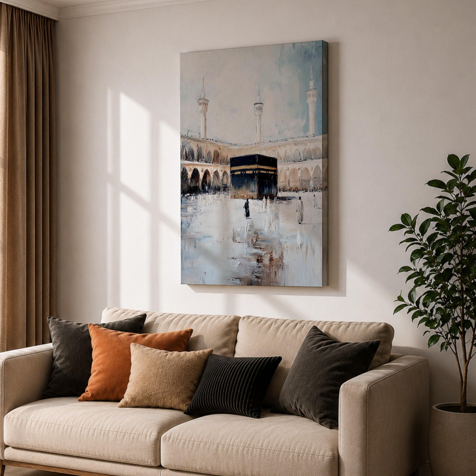Soft neutral abstract painting of the Kaaba in Masjid Al Haram with pilgrims walking across the reflective marble courtyard, surrounded by elegant mosque arches and tall minarets beneath a pale blue sky.