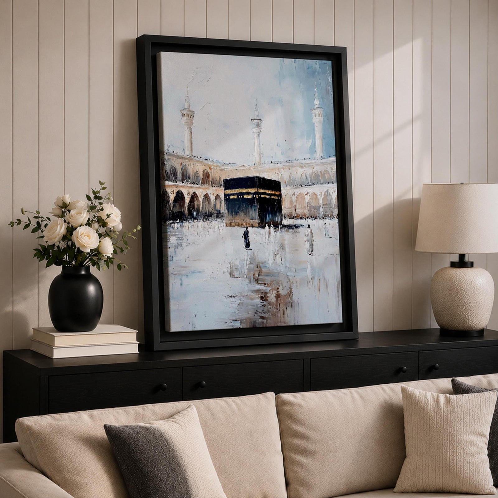 Soft neutral abstract painting of the Kaaba in Masjid Al Haram with pilgrims walking across the reflective marble courtyard, surrounded by elegant mosque arches and tall minarets beneath a pale blue sky.