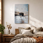 Soft neutral abstract painting of the Kaaba in Masjid Al Haram with pilgrims walking across the reflective marble courtyard, surrounded by elegant mosque arches and tall minarets beneath a pale blue sky.