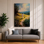 Painting of Jesus walking along a winding path through a sunlit meadow filled with wildflowers while a small lamb walks beside him, with rolling hills and soft clouds in the distance, rendered in a pastoral Christian style that reflects the biblical Good Shepherd and lost lamb theme.