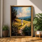 Painting of Jesus walking along a winding path through a sunlit meadow filled with wildflowers while a small lamb walks beside him, with rolling hills and soft clouds in the distance, rendered in a pastoral Christian style that reflects the biblical Good Shepherd and lost lamb theme.