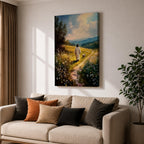 Painting of Jesus walking along a winding path through a sunlit meadow filled with wildflowers while a small lamb walks beside him, with rolling hills and soft clouds in the distance, rendered in a pastoral Christian style that reflects the biblical Good Shepherd and lost lamb theme.