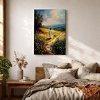 Painting of Jesus walking along a winding path through a sunlit meadow filled with wildflowers while a small lamb walks beside him, with rolling hills and soft clouds in the distance, rendered in a pastoral Christian style that reflects the biblical Good Shepherd and lost lamb theme.