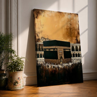 Vintage textured painting of the Kaaba at Masjid Al Haram in Mecca, surrounded by pilgrims with mosque arches behind and a dramatic glowing gold sky above the sacred courtyard.