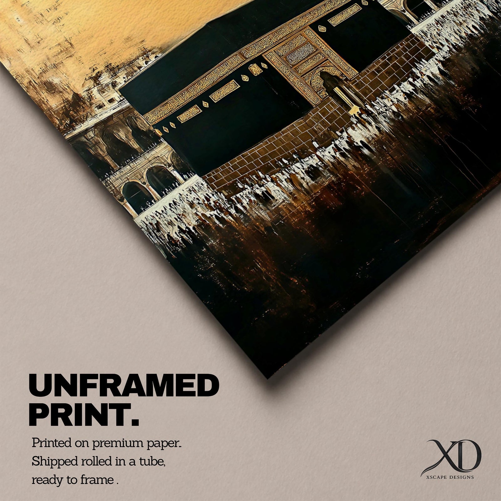 Vintage textured painting of the Kaaba at Masjid Al Haram in Mecca, surrounded by pilgrims with mosque arches behind and a dramatic glowing gold sky above the sacred courtyard.