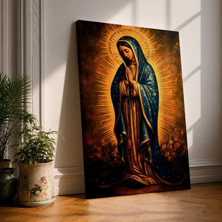 A vintage style framed canvas depicting Our Lady of Guadalupe with a radiant golden halo, wearing a blue cloak adorned with stars, standing in prayer with a serene expression. The artwork highlights traditional Mexican Catholic iconography with rich, warm tones and intricate detailing.