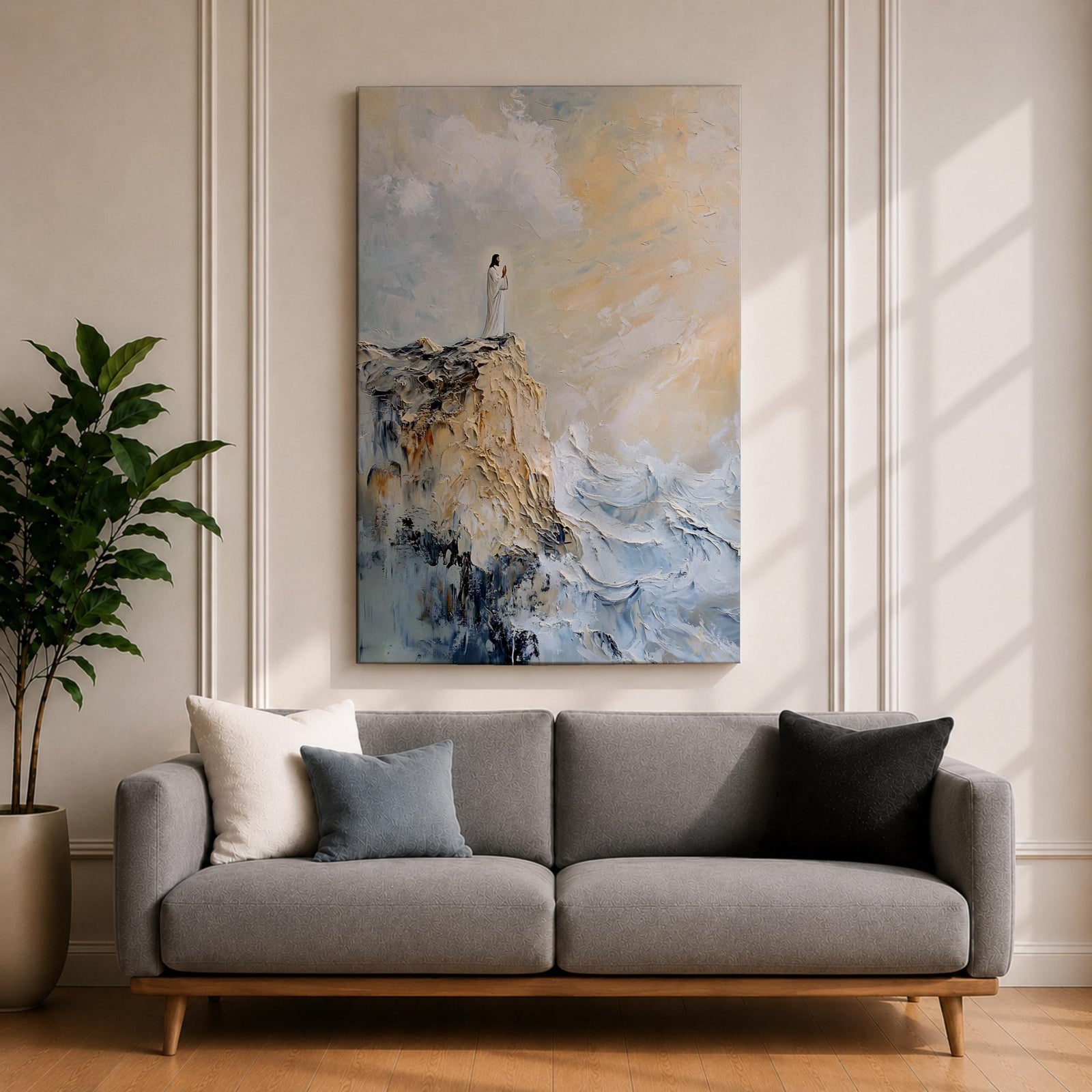 Impasto style painting of Jesus standing in prayer on the edge of a rocky seaside cliff, wearing a flowing white robe while waves crash below and soft light breaks through the clouds above, rendered with thick textured brushstrokes and a minimalist composition emphasizing a quiet devotional moment of Christ in prayer.