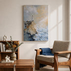 Impasto style painting of Jesus standing in prayer on the edge of a rocky seaside cliff, wearing a flowing white robe while waves crash below and soft light breaks through the clouds above, rendered with thick textured brushstrokes and a minimalist composition emphasizing a quiet devotional moment of Christ in prayer.