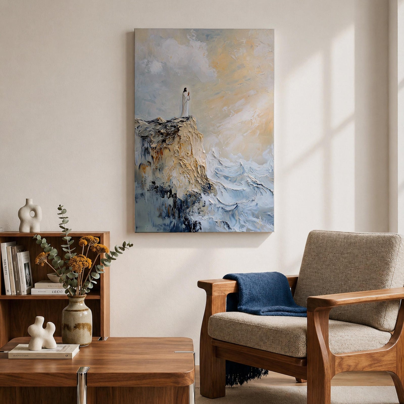 Impasto style painting of Jesus standing in prayer on the edge of a rocky seaside cliff, wearing a flowing white robe while waves crash below and soft light breaks through the clouds above, rendered with thick textured brushstrokes and a minimalist composition emphasizing a quiet devotional moment of Christ in prayer.