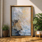 Impasto style painting of Jesus standing in prayer on the edge of a rocky seaside cliff, wearing a flowing white robe while waves crash below and soft light breaks through the clouds above, rendered with thick textured brushstrokes and a minimalist composition emphasizing a quiet devotional moment of Christ in prayer.