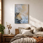 Impasto style painting of Jesus standing in prayer on the edge of a rocky seaside cliff, wearing a flowing white robe while waves crash below and soft light breaks through the clouds above, rendered with thick textured brushstrokes and a minimalist composition emphasizing a quiet devotional moment of Christ in prayer.