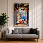 A vibrant painting of a Mediterranean orange tree branch with ripe oranges framing an open window overlooking a coastal village and blue sea, rendered in a colorful, impressionistic style capturing the lush foliage and serene seaside landscape.