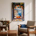 A vibrant painting of a Mediterranean orange tree branch with ripe oranges framing an open window overlooking a coastal village and blue sea, rendered in a colorful, impressionistic style capturing the lush foliage and serene seaside landscape.