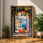 A vibrant painting of a Mediterranean orange tree branch with ripe oranges framing an open window overlooking a coastal village and blue sea, rendered in a colorful, impressionistic style capturing the lush foliage and serene seaside landscape.