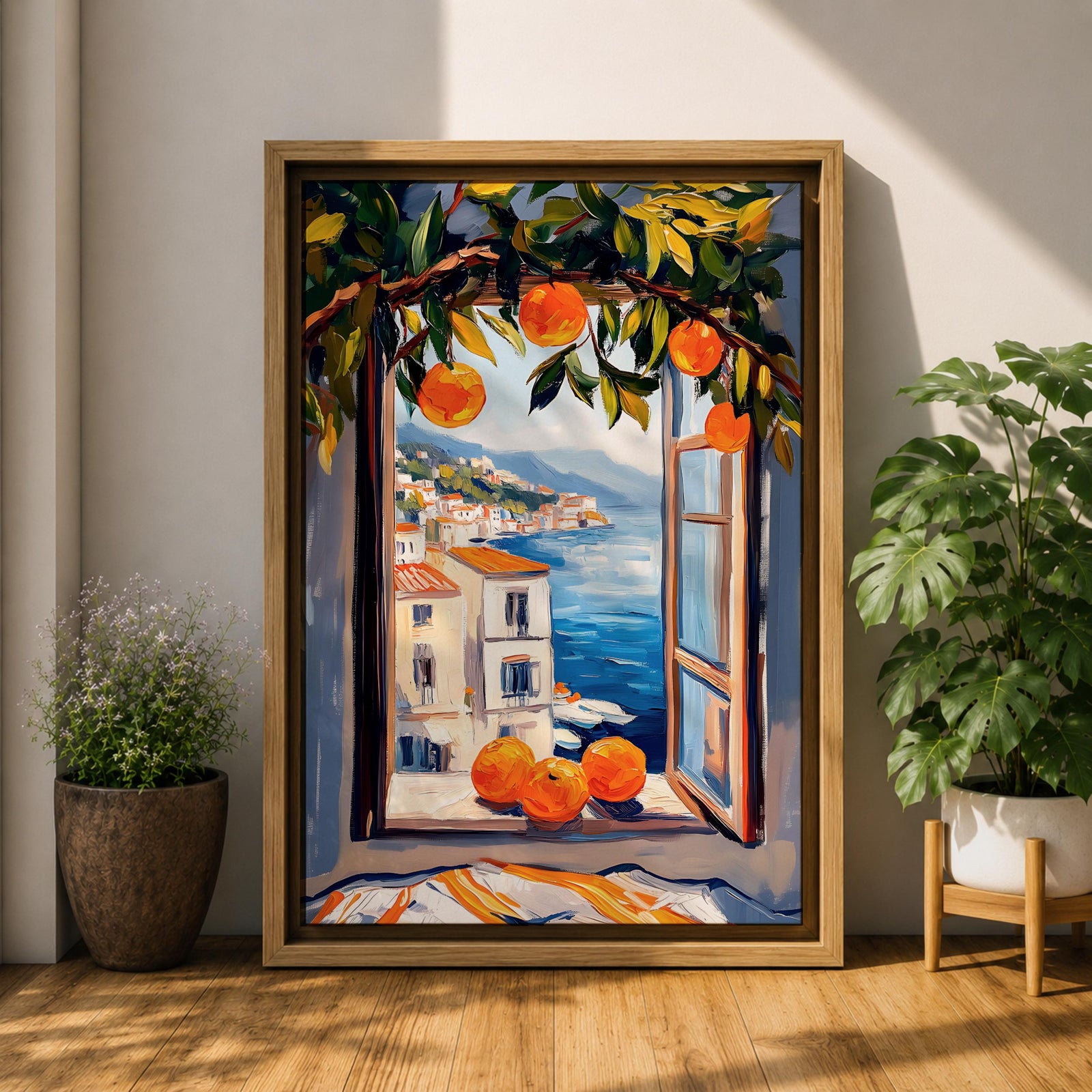 A vibrant painting of a Mediterranean orange tree branch with ripe oranges framing an open window overlooking a coastal village and blue sea, rendered in a colorful, impressionistic style capturing the lush foliage and serene seaside landscape.