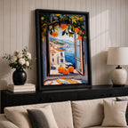 A vibrant painting of a Mediterranean orange tree branch with ripe oranges framing an open window overlooking a coastal village and blue sea, rendered in a colorful, impressionistic style capturing the lush foliage and serene seaside landscape.