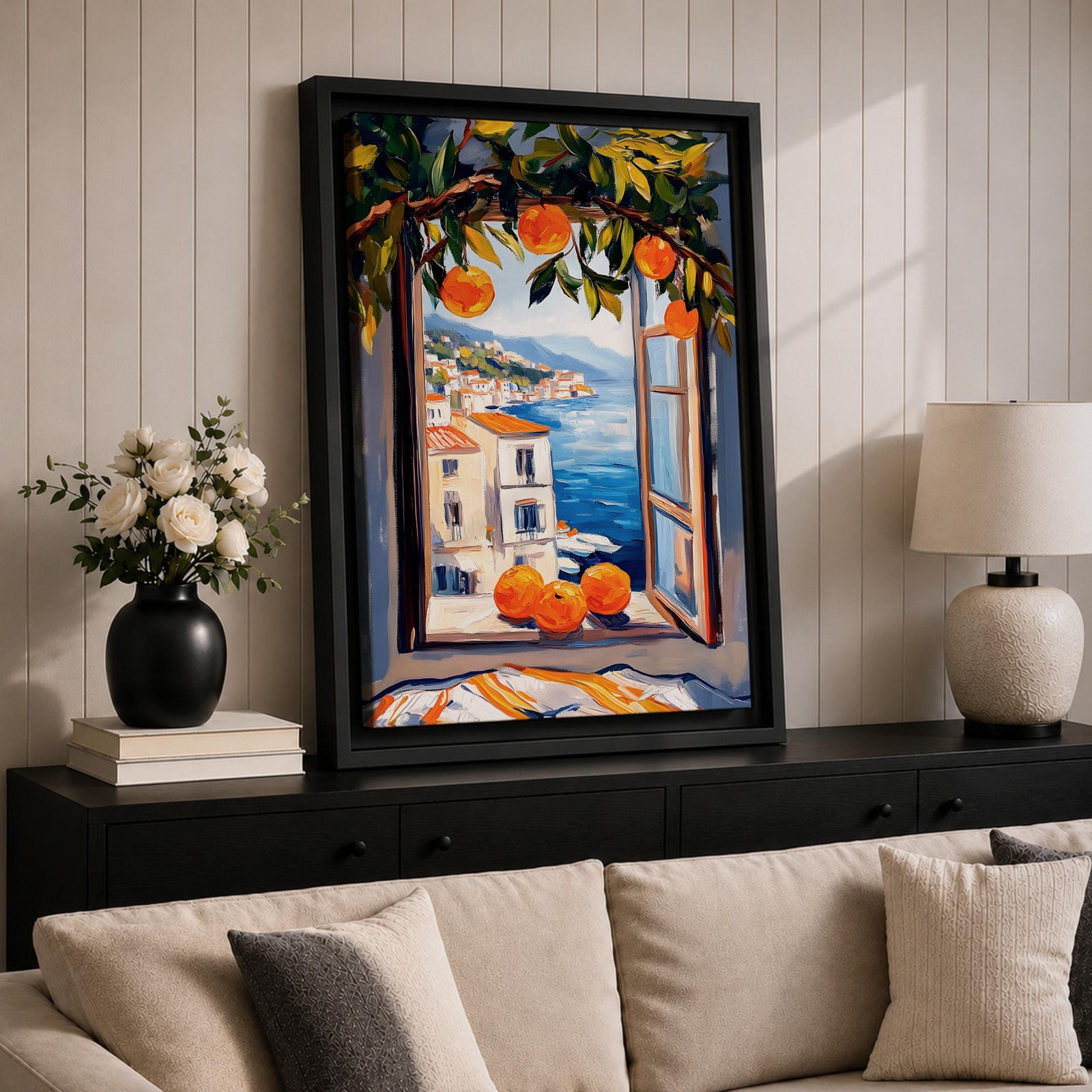 A vibrant painting of a Mediterranean orange tree branch with ripe oranges framing an open window overlooking a coastal village and blue sea, rendered in a colorful, impressionistic style capturing the lush foliage and serene seaside landscape.
