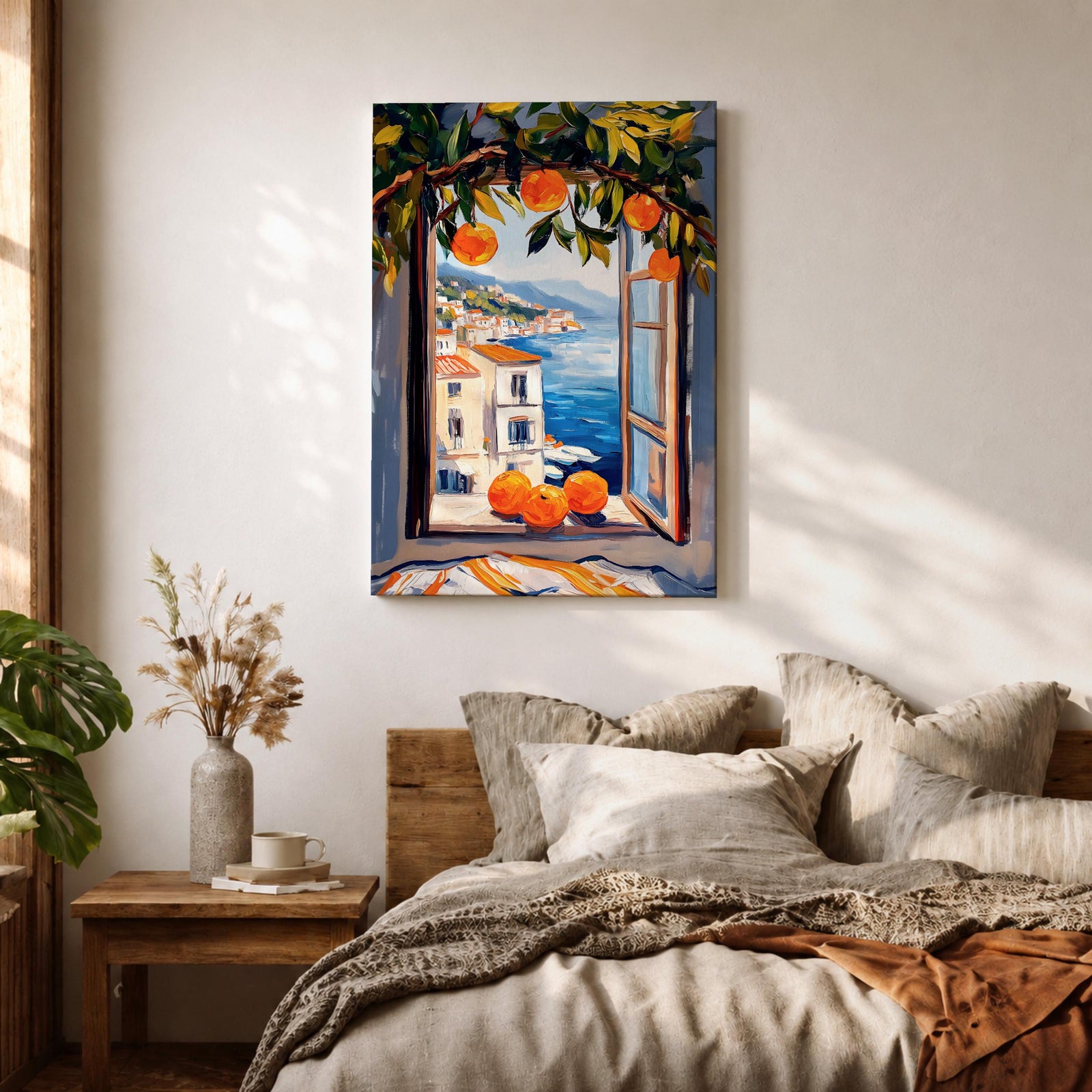 A vibrant painting of a Mediterranean orange tree branch with ripe oranges framing an open window overlooking a coastal village and blue sea, rendered in a colorful, impressionistic style capturing the lush foliage and serene seaside landscape.