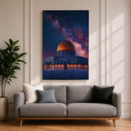 Night artwork of the Dome of the Rock in Jerusalem with its golden dome illuminated beneath a dramatic starry galaxy sky, glowing lights around the shrine and deep blue tones creating a spiritual nighttime atmosphere.