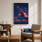 Night artwork of the Dome of the Rock in Jerusalem with its golden dome illuminated beneath a dramatic starry galaxy sky, glowing lights around the shrine and deep blue tones creating a spiritual nighttime atmosphere.