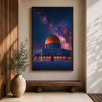 Night artwork of the Dome of the Rock in Jerusalem with its golden dome illuminated beneath a dramatic starry galaxy sky, glowing lights around the shrine and deep blue tones creating a spiritual nighttime atmosphere.