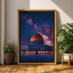 Night artwork of the Dome of the Rock in Jerusalem with its golden dome illuminated beneath a dramatic starry galaxy sky, glowing lights around the shrine and deep blue tones creating a spiritual nighttime atmosphere.