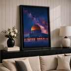 Night artwork of the Dome of the Rock in Jerusalem with its golden dome illuminated beneath a dramatic starry galaxy sky, glowing lights around the shrine and deep blue tones creating a spiritual nighttime atmosphere.