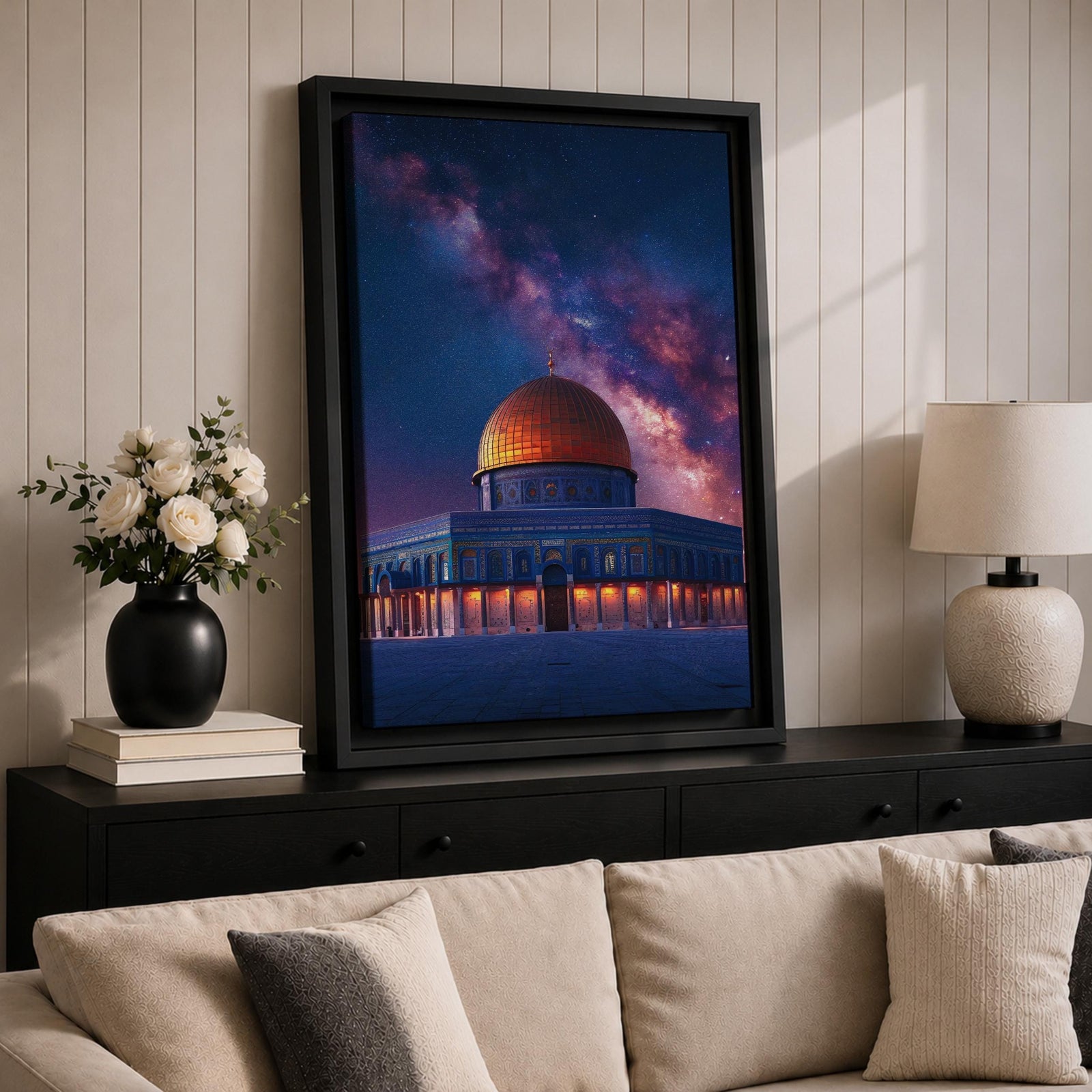 Night artwork of the Dome of the Rock in Jerusalem with its golden dome illuminated beneath a dramatic starry galaxy sky, glowing lights around the shrine and deep blue tones creating a spiritual nighttime atmosphere.