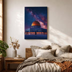 Night artwork of the Dome of the Rock in Jerusalem with its golden dome illuminated beneath a dramatic starry galaxy sky, glowing lights around the shrine and deep blue tones creating a spiritual nighttime atmosphere.