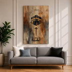 Minimalist Islamic artwork depicting the Kaaba with geometric directional lines guiding toward it to represent the Qibla prayer direction, with Arabic calligraphy reading Al-Qibla beneath the design.