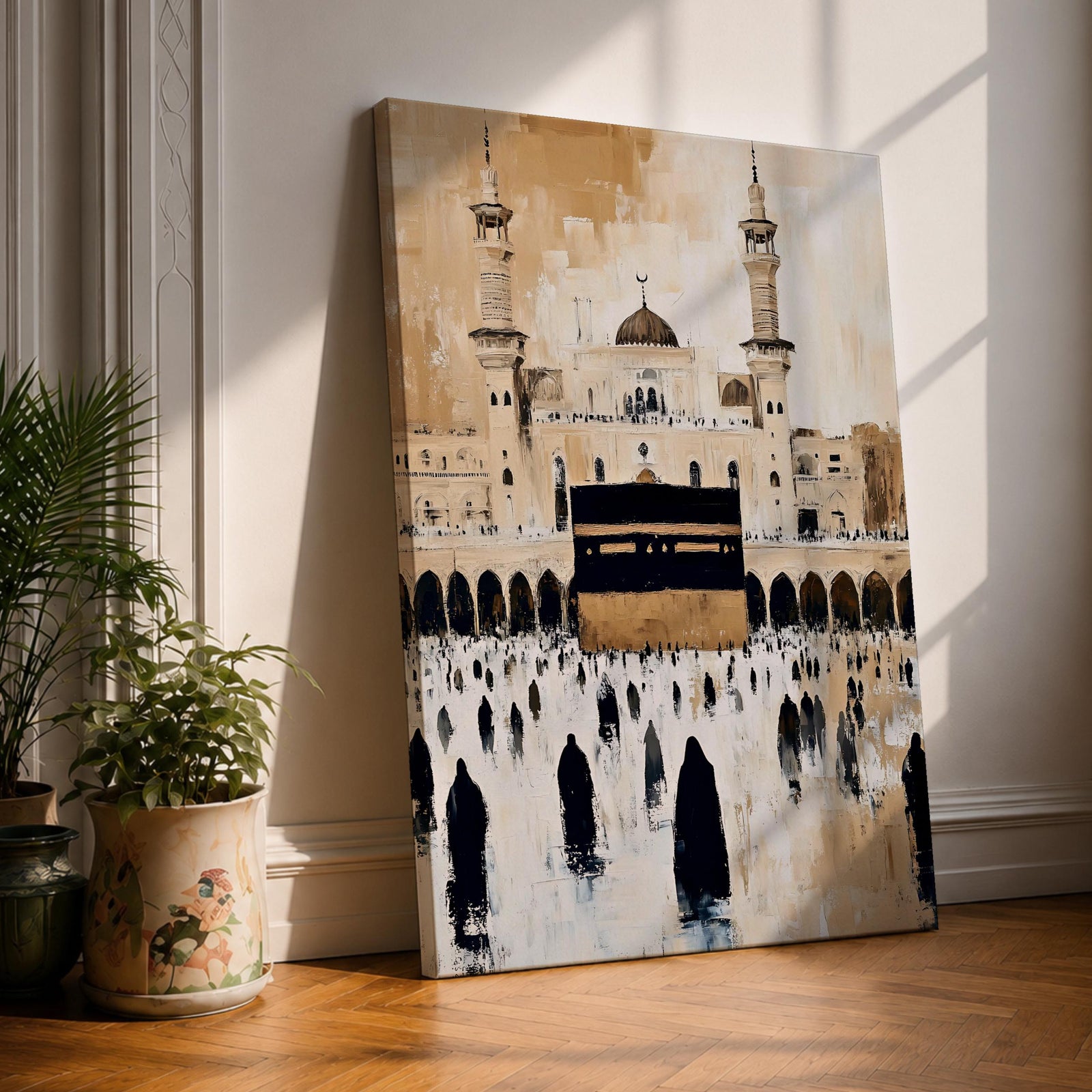 Vintage style painting of the Kaaba at Masjid Al Haram with pilgrims gathered in the courtyard, mosque arches and minarets rising above the sacred sanctuary in warm sepia tones.