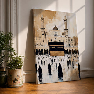 Vintage style painting of the Kaaba at Masjid Al Haram with pilgrims gathered in the courtyard, mosque arches and minarets rising above the sacred sanctuary in warm sepia tones.