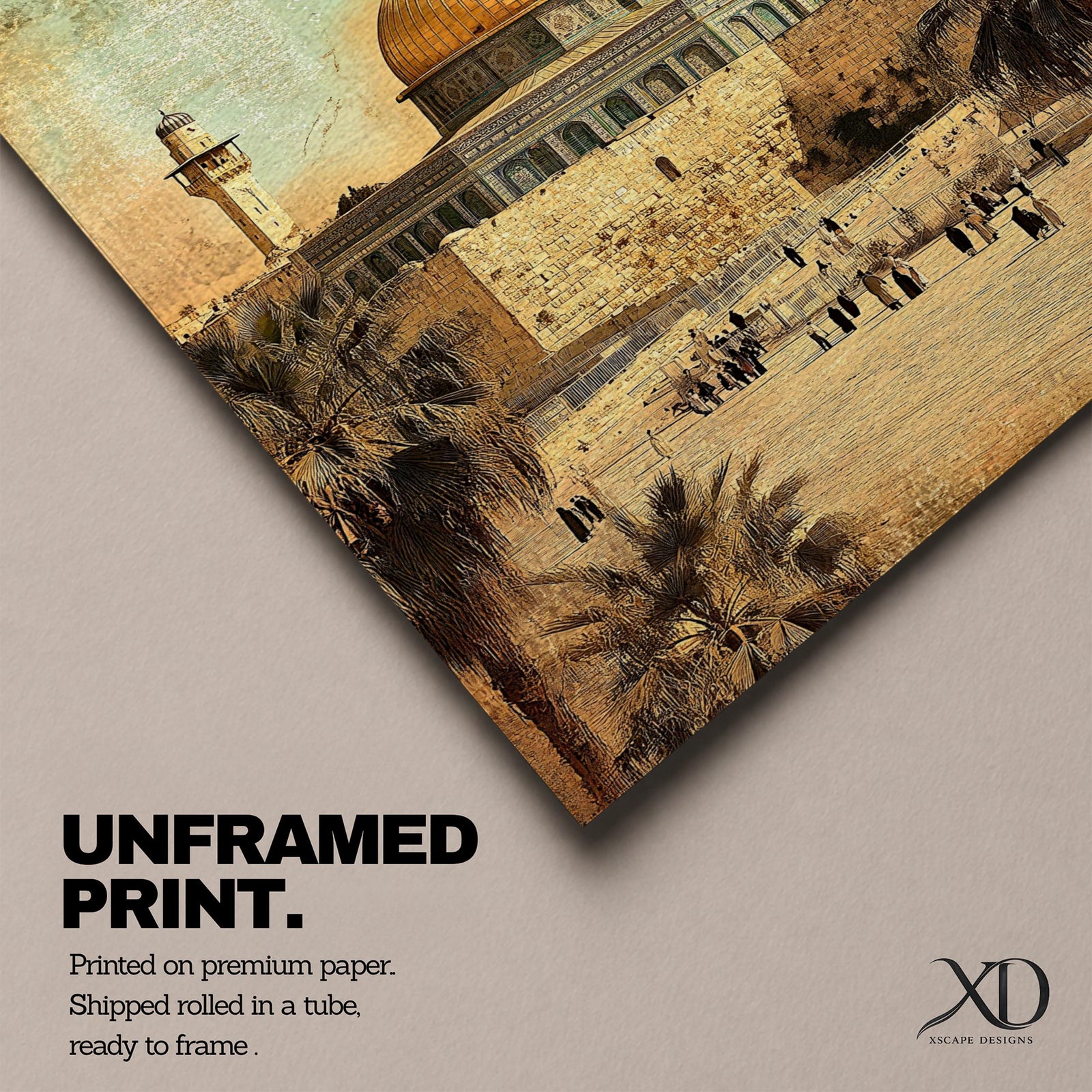 Vintage style artwork of Masjid Al Aqsa in Jerusalem featuring the iconic golden dome rising above historic stone walls with visitors walking across the sacred courtyard in warm aged tones.