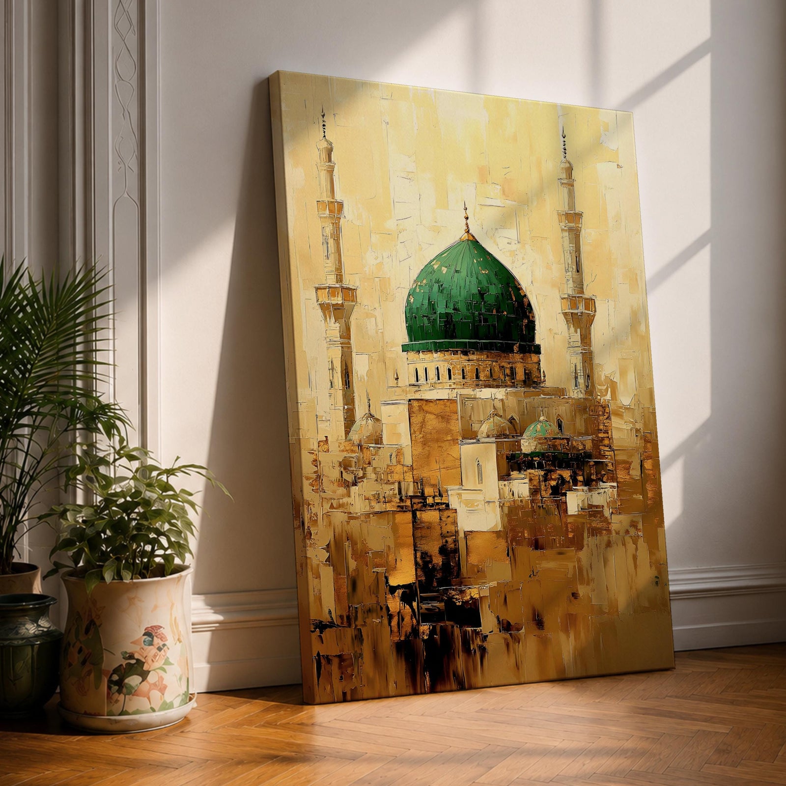 Vintage style painting of Masjid Al Nabawi in Medina featuring the iconic green dome rising between tall minarets above warm golden architectural textures.