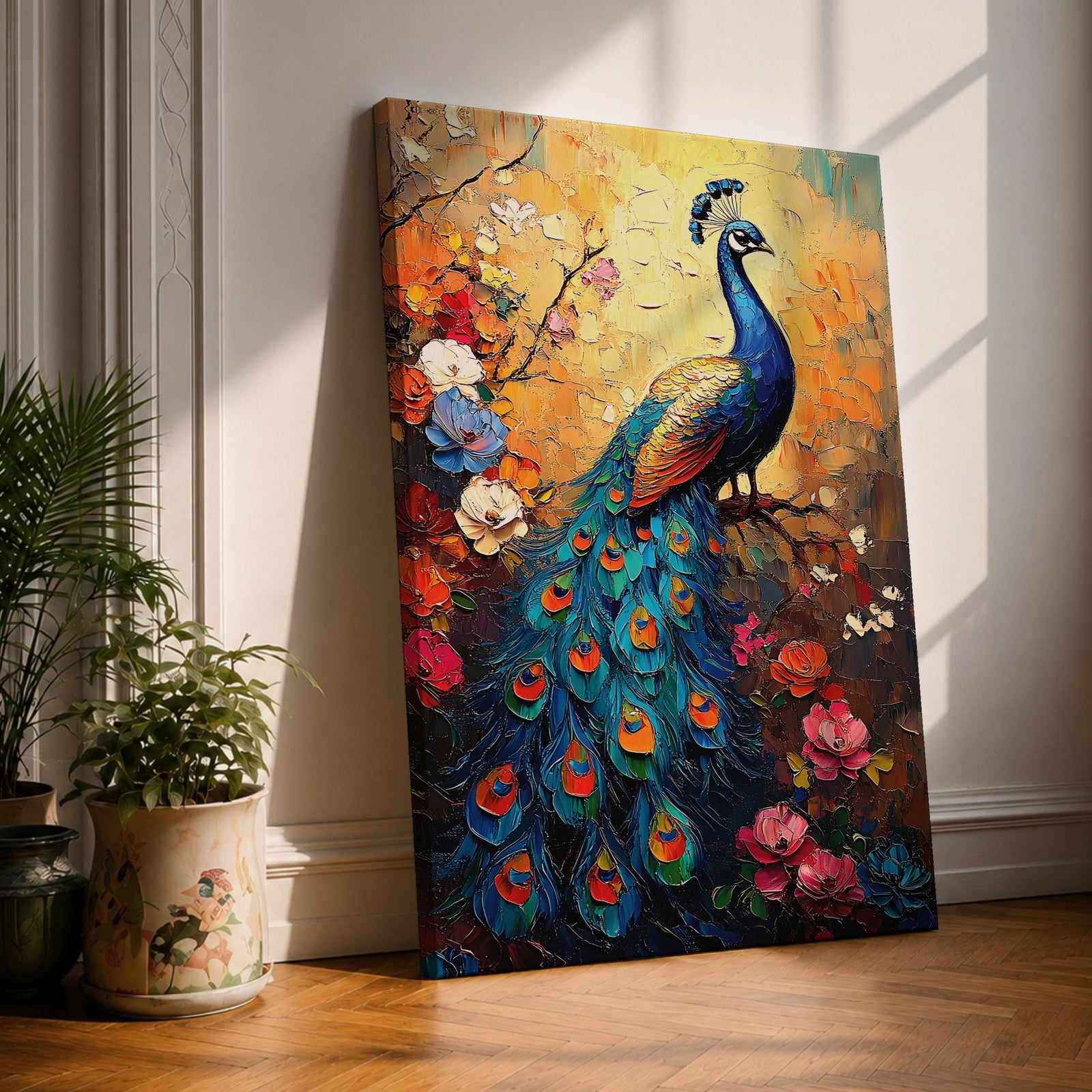 A vibrant impasto painting of a peacock perched on a branch surrounded by colorful flowers. The textured brush strokes highlight the intricate details of the peacock’s feathers and floral elements, creating a rich, tropical animal-themed composition with bold, layered colors.