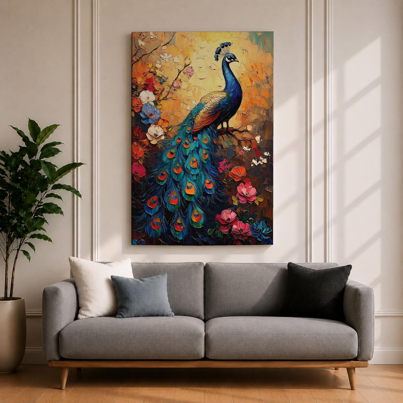 A vibrant impasto painting of a peacock perched on a branch surrounded by colorful flowers. The textured brush strokes highlight the intricate details of the peacock’s feathers and floral elements, creating a rich, tropical animal-themed composition with bold, layered colors.