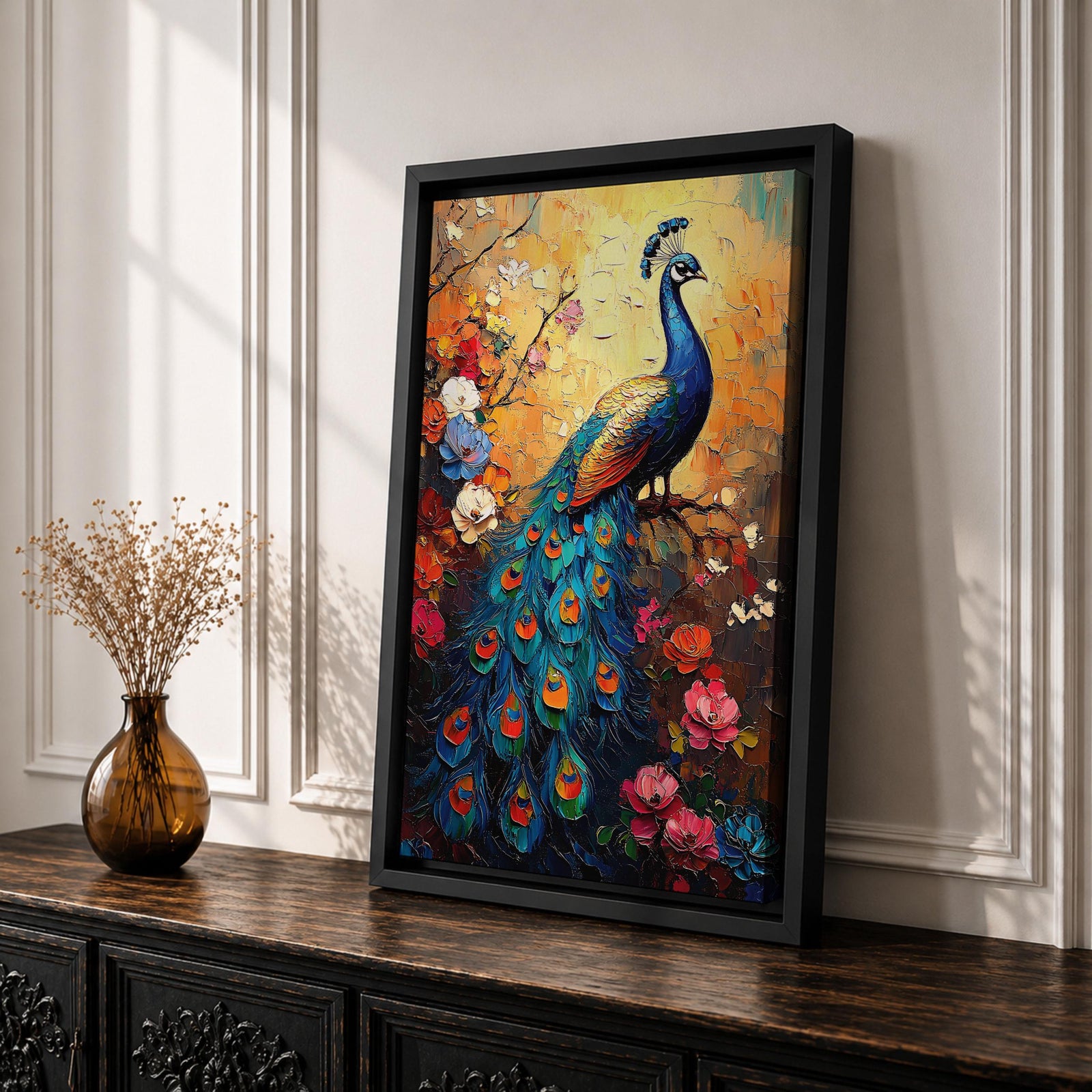 A vibrant impasto painting of a peacock perched on a branch surrounded by colorful flowers. The textured brush strokes highlight the intricate details of the peacock’s feathers and floral elements, creating a rich, tropical animal-themed composition with bold, layered colors.