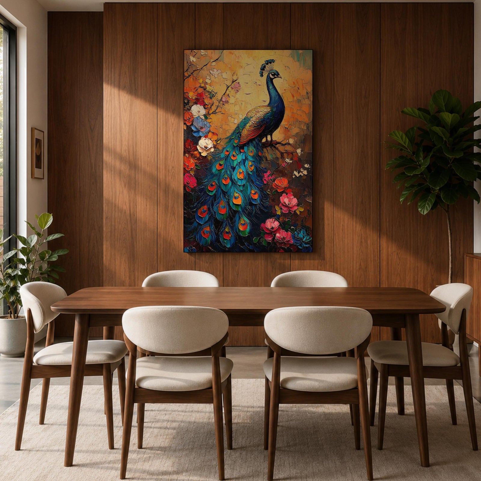 A vibrant impasto painting of a peacock perched on a branch surrounded by colorful flowers. The textured brush strokes highlight the intricate details of the peacock’s feathers and floral elements, creating a rich, tropical animal-themed composition with bold, layered colors.