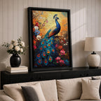 A vibrant impasto painting of a peacock perched on a branch surrounded by colorful flowers. The textured brush strokes highlight the intricate details of the peacock’s feathers and floral elements, creating a rich, tropical animal-themed composition with bold, layered colors.