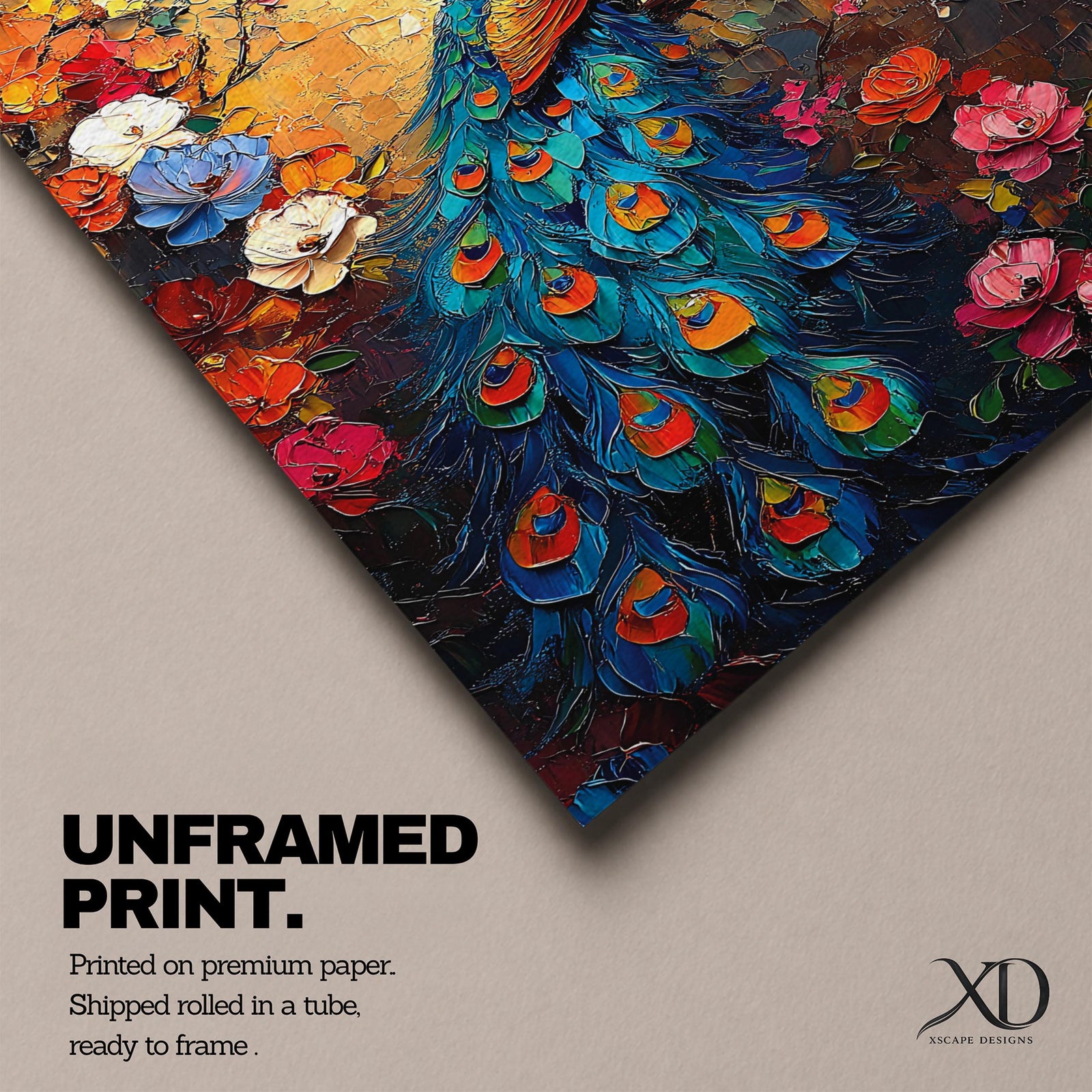 A vibrant impasto painting of a peacock perched on a branch surrounded by colorful flowers. The textured brush strokes highlight the intricate details of the peacock’s feathers and floral elements, creating a rich, tropical animal-themed composition with bold, layered colors.