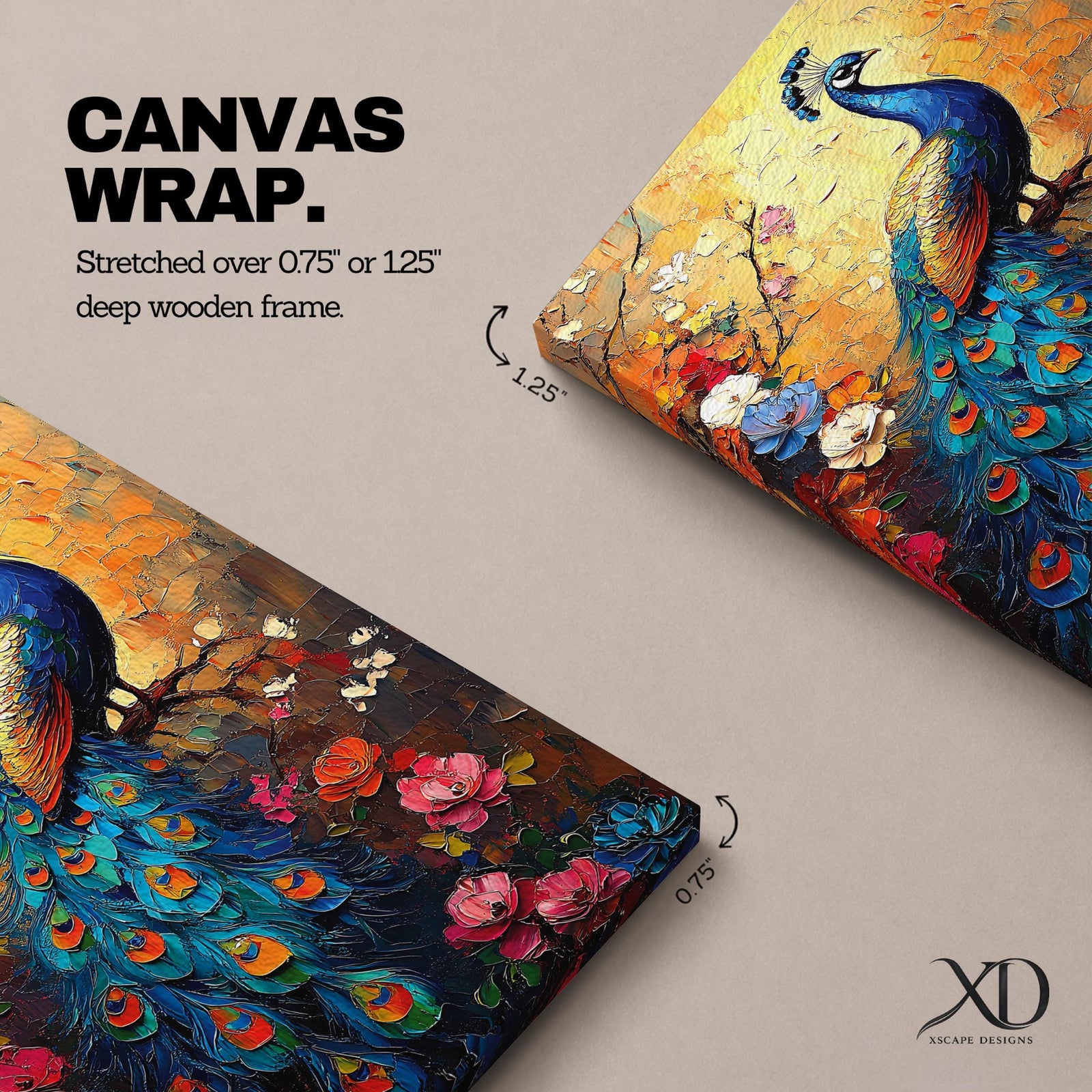 A vibrant impasto painting of a peacock perched on a branch surrounded by colorful flowers. The textured brush strokes highlight the intricate details of the peacock’s feathers and floral elements, creating a rich, tropical animal-themed composition with bold, layered colors.