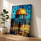 Colorful mosaic style artwork of the Dome of the Rock featuring the golden dome and blue tiled architecture rendered in geometric tile fragments against a bright sky.