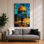 Colorful mosaic style artwork of the Dome of the Rock featuring the golden dome and blue tiled architecture rendered in geometric tile fragments against a bright sky.