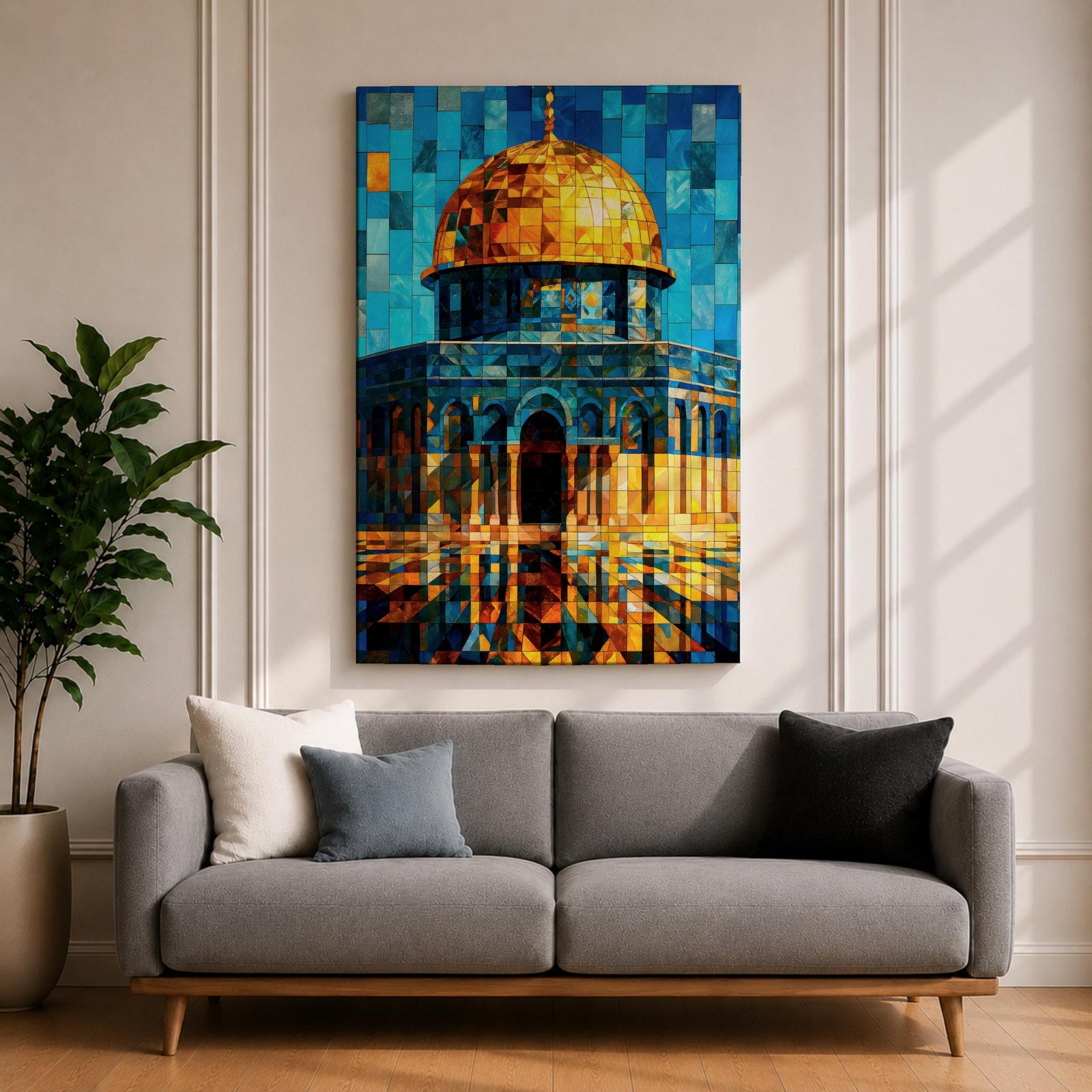 Colorful mosaic style artwork of the Dome of the Rock featuring the golden dome and blue tiled architecture rendered in geometric tile fragments against a bright sky.