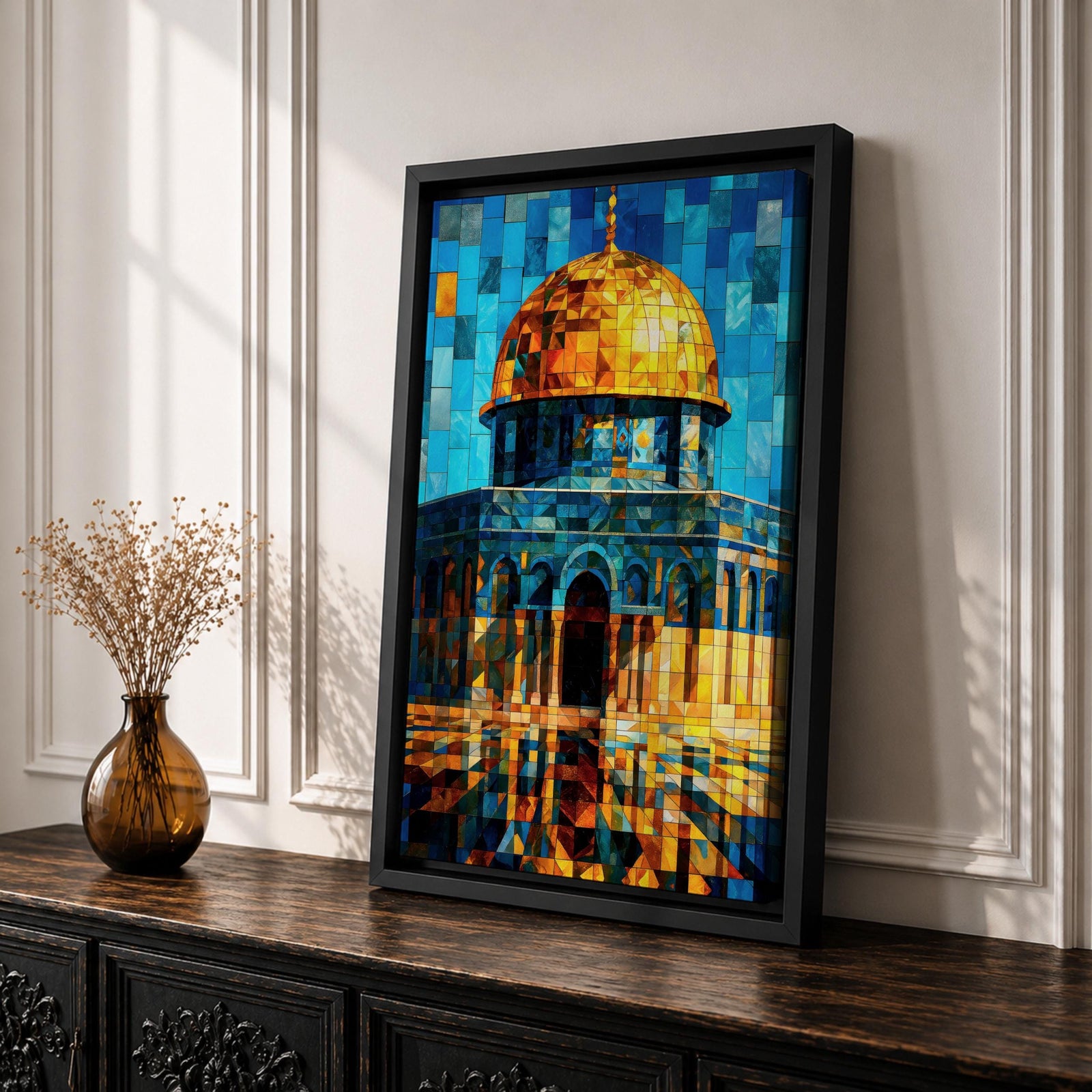 Colorful mosaic style artwork of the Dome of the Rock featuring the golden dome and blue tiled architecture rendered in geometric tile fragments against a bright sky.