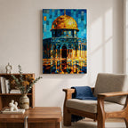 Colorful mosaic style artwork of the Dome of the Rock featuring the golden dome and blue tiled architecture rendered in geometric tile fragments against a bright sky.