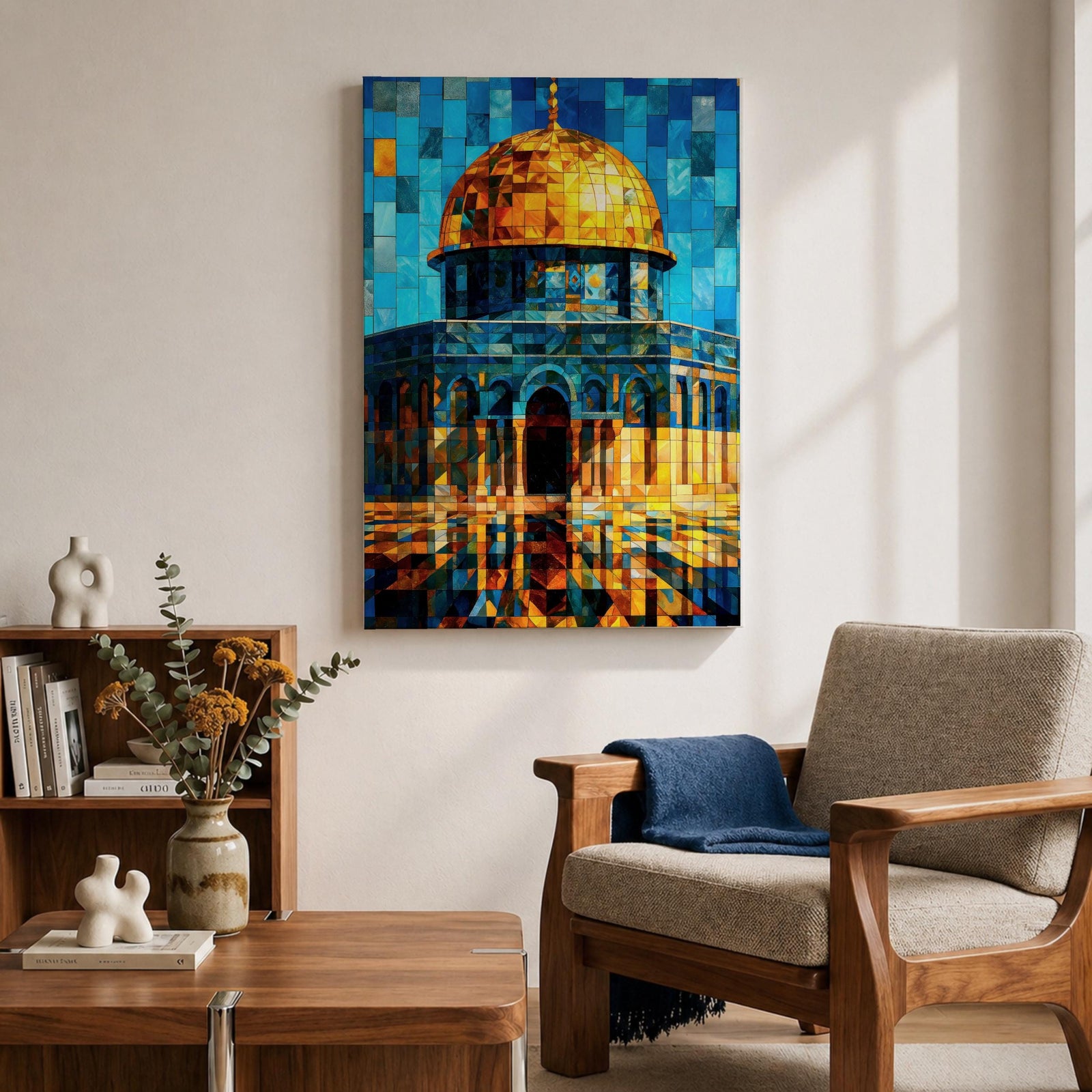 Colorful mosaic style artwork of the Dome of the Rock featuring the golden dome and blue tiled architecture rendered in geometric tile fragments against a bright sky.