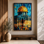 Colorful mosaic style artwork of the Dome of the Rock featuring the golden dome and blue tiled architecture rendered in geometric tile fragments against a bright sky.