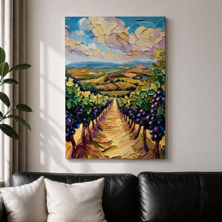 A vibrant impasto painting depicting a Tuscany vineyard with rows of grapevines stretching into rolling hills under a dynamic sky. The thick textured brushstrokes emphasize the lush greenery and ripe grapes, capturing the essence of Italian wine country in a colorful landscape composition.